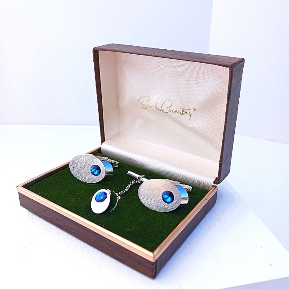 MCM Cufflinks Sarah Coventry 1970 Silvertone And Blue With Original Box USA Made